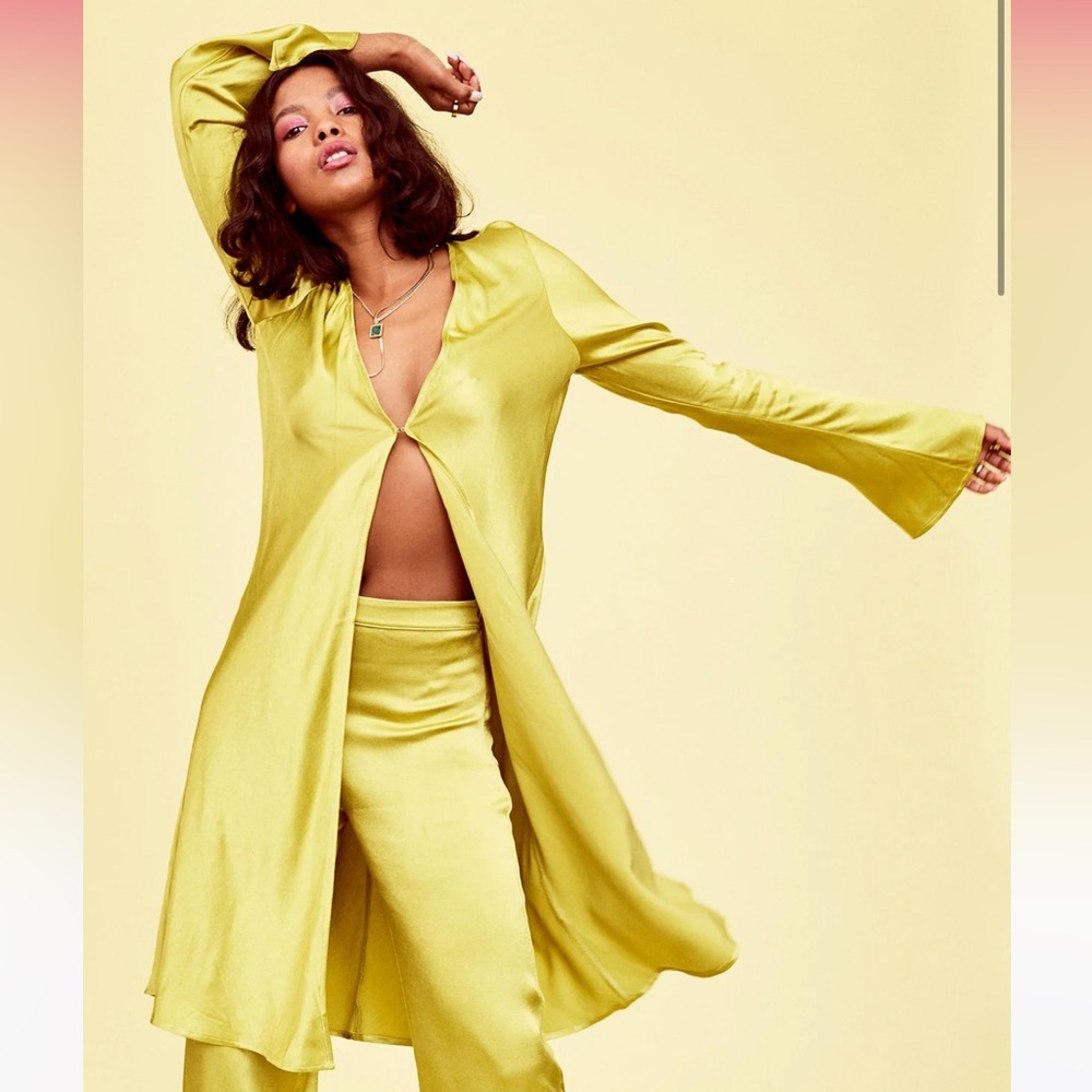 Rezek Studio Dion Top in Avocado Chartreuse  Satin Duster Cardigan